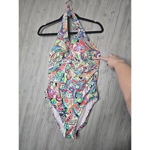 Lauren Ralph Lauren Womens Multi Color Paisley Halter One Piece Swimsuit 16/18